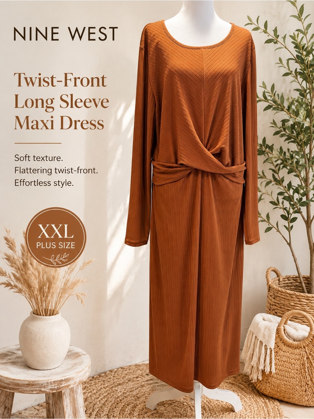 NWT Nine West XXL Rust Brown Twist Front Midi Dress Long Sleeve